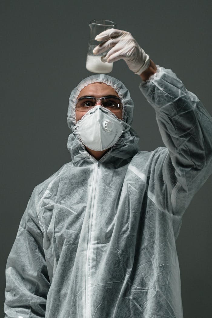 A scientist in protective gear examines a liquid substance in a lab setting.
