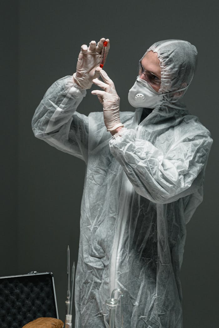 Scientist in full protective gear examining a red liquid in a laboratory environment.