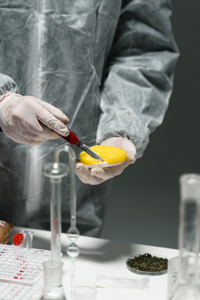 Scientist in protective gear handling samples with test tubes in a lab.