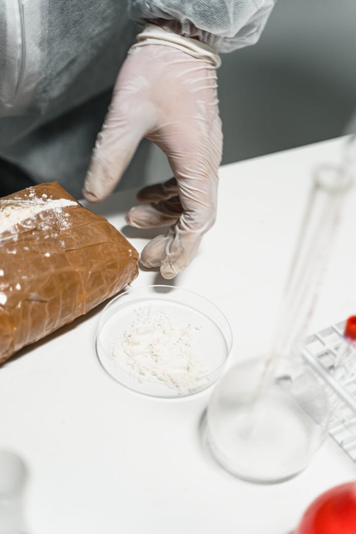 Close-up of a scientist's gloved hand with a powder sample in a laboratory setting.