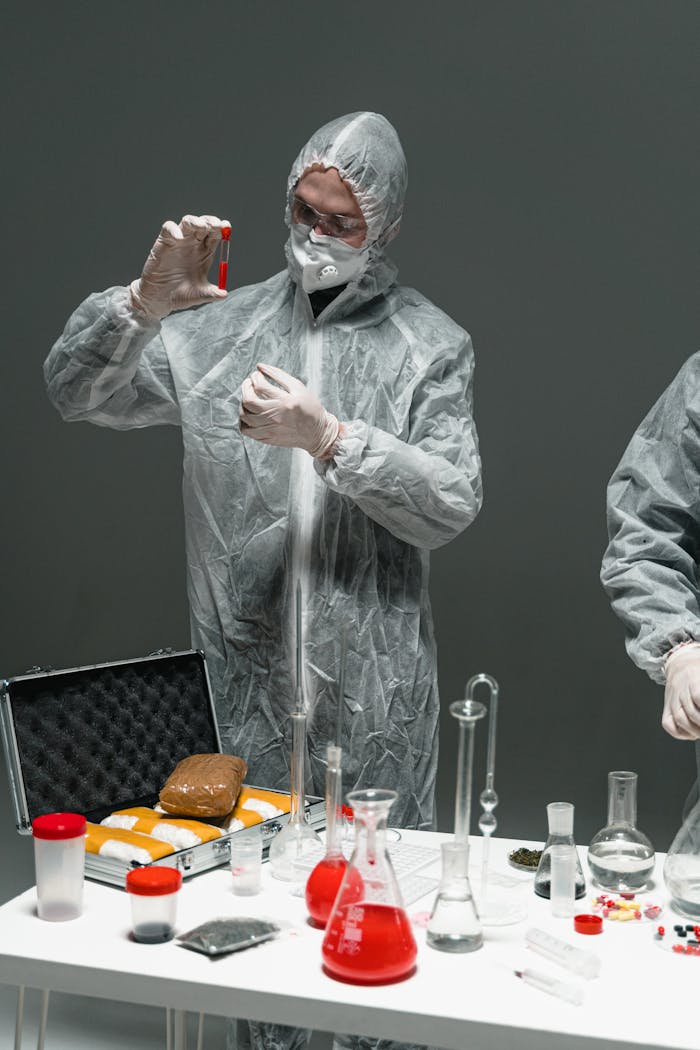 A scientist in protective gear examines a red liquid sample in a laboratory setting.